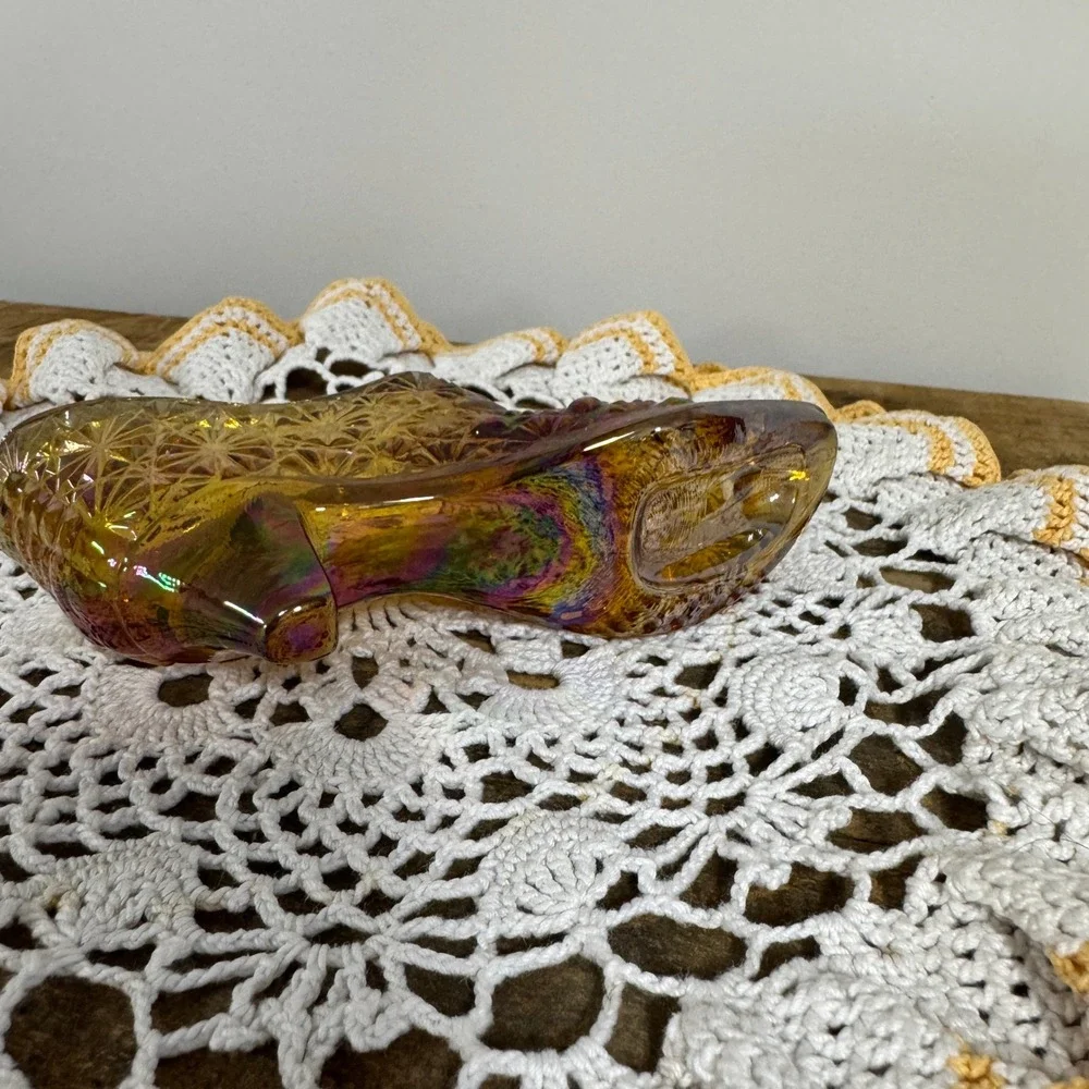 Vintage Amber Carnival Glass Slipper Daisy and Button Iridescent Boot Figurine